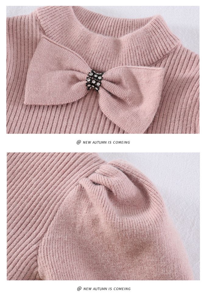 加絨針織半高領連身裙-蝴蝶結-粉+米白