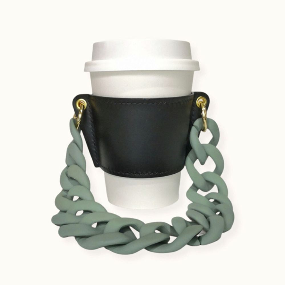 時尚手鏈咖啡皮質杯套-綠色鏈條+黑色杯套