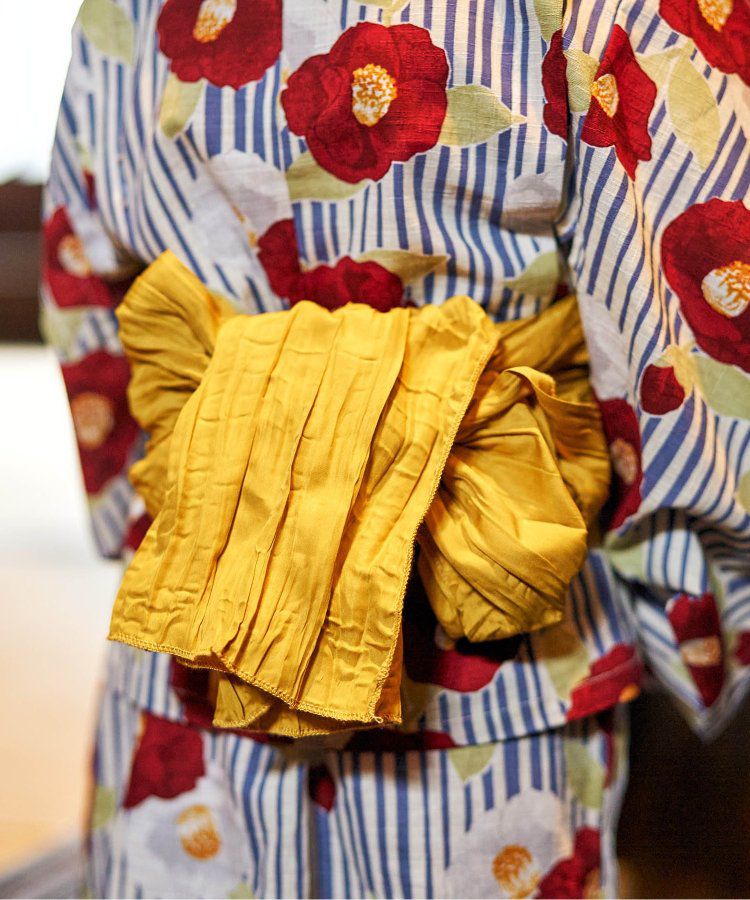 日本 apres les cours - 華麗腰帶風純棉二件式浴衣-椿花-紅藍條紋