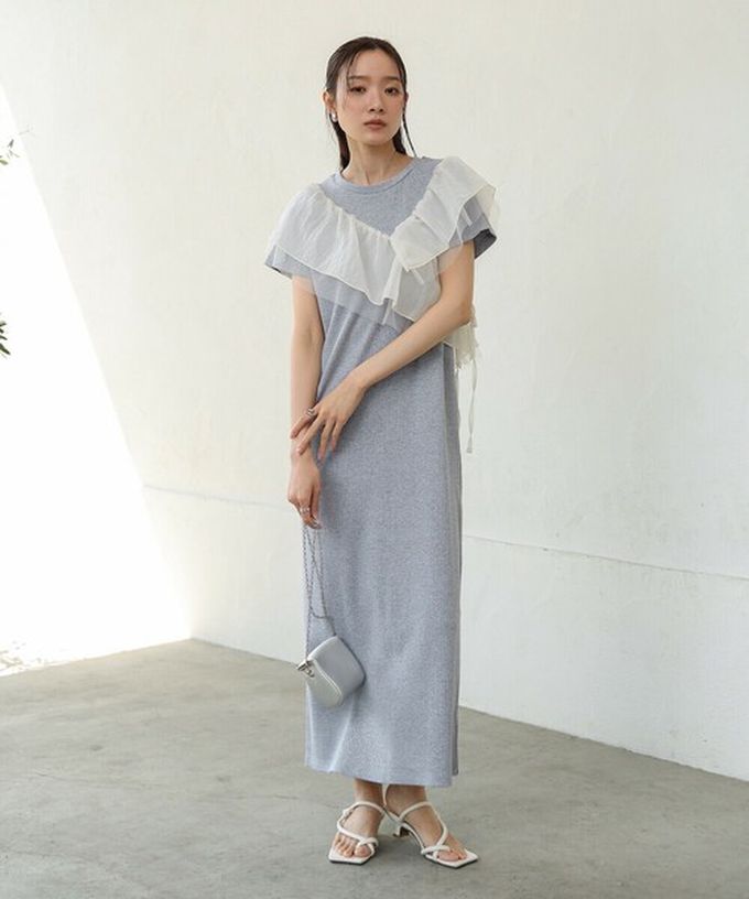 日本 Bab - 不對稱交叉薄紗拼接短袖洋裝-象牙