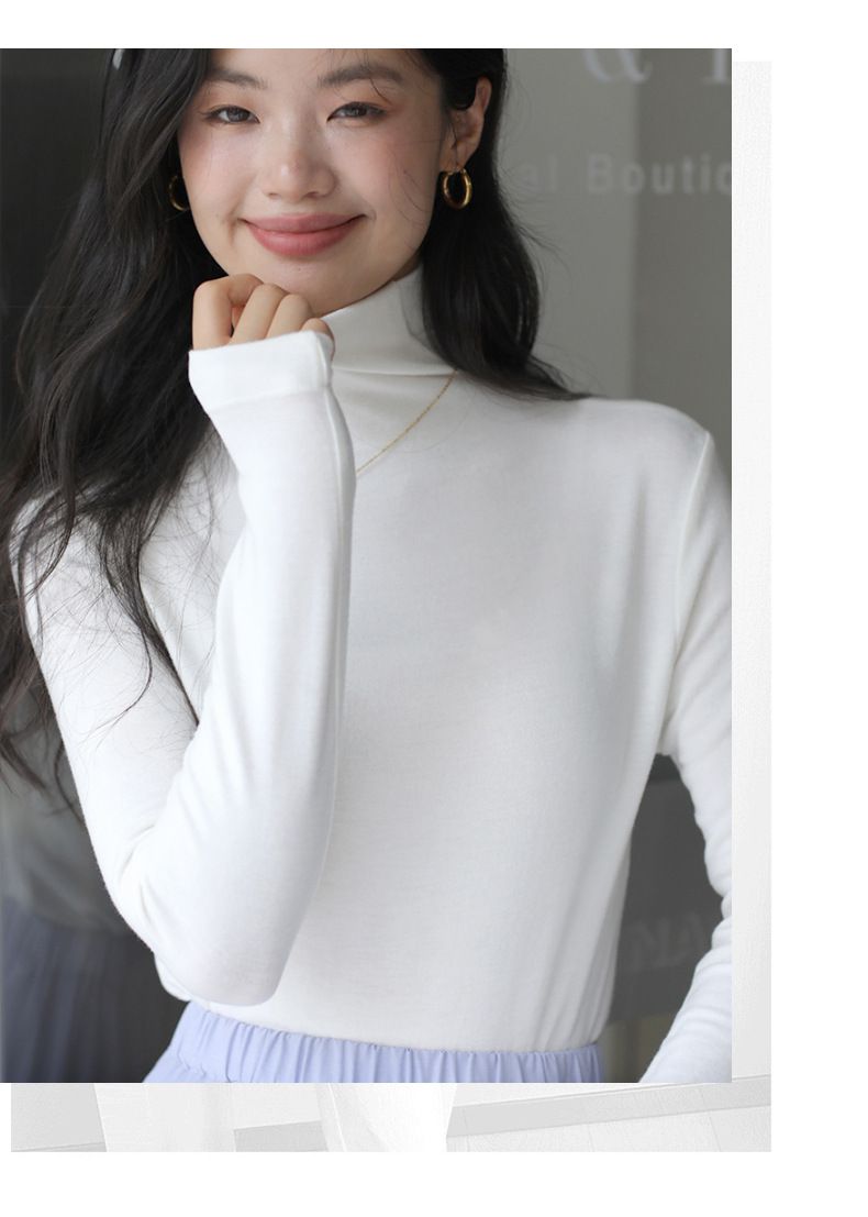 2%羊毛絨高領長袖上衣-高領-棕色