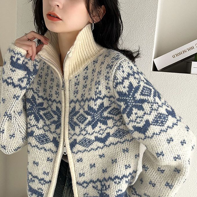 日本 Classical Elf - mily bilet 北歐雪花氛圍短版針織外套-灰x白