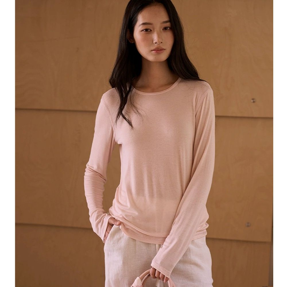 呼吸感6.3%羊毛天絲輕柔圓領長袖上衣-蜜桃