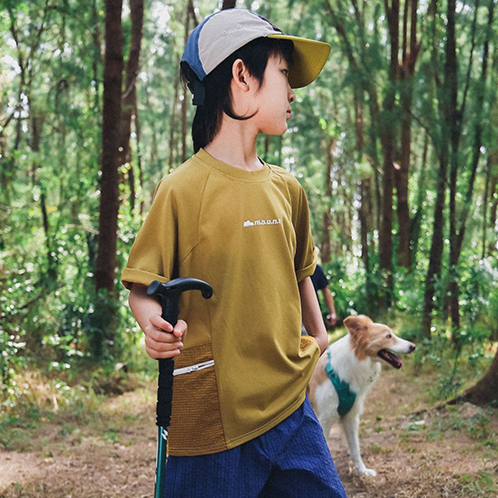 休閒圓領短袖上衣-拉鏈口袋-黃棕