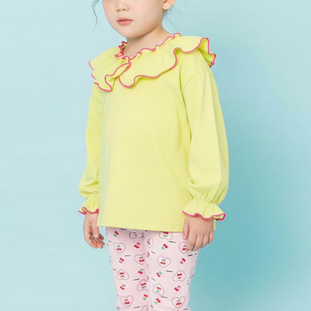 柔和滾邊荷葉領長袖上衣-萊姆黃