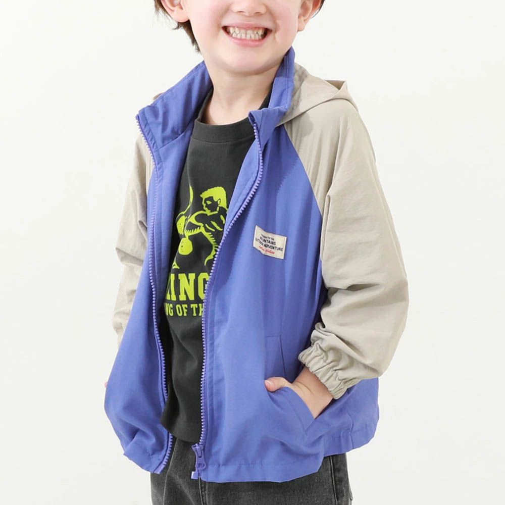 防潑水 網眼輕量風衣外套(帽可收)-藍紫X卡其