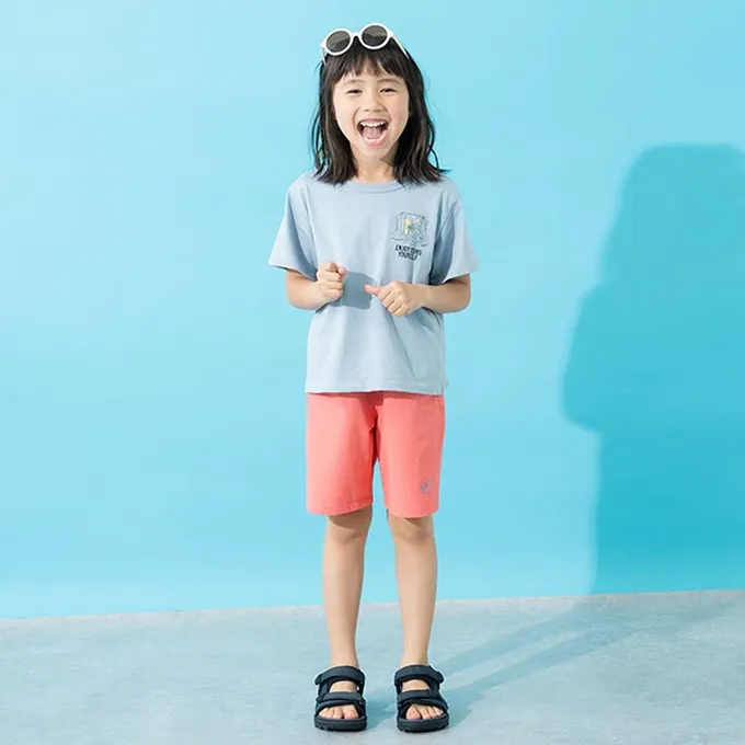 日本 petit main - 100%棉 清新印花短袖上衣-向日葵-鮭魚粉