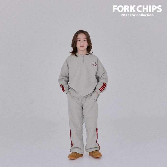 韓國 FORK CHIPS - 鬆緊腰穿越星星防風休閒長褲-灰卡其