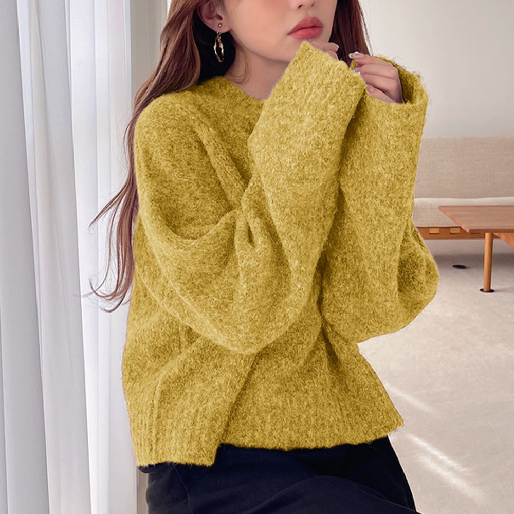 羊毛混紡柔軟短版毛衣-萊姆黃 (F)