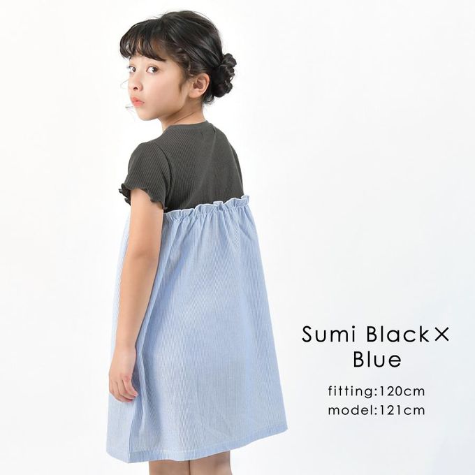 日本 evercloset - 拼接撞色羅紋短袖洋裝-深灰x紫