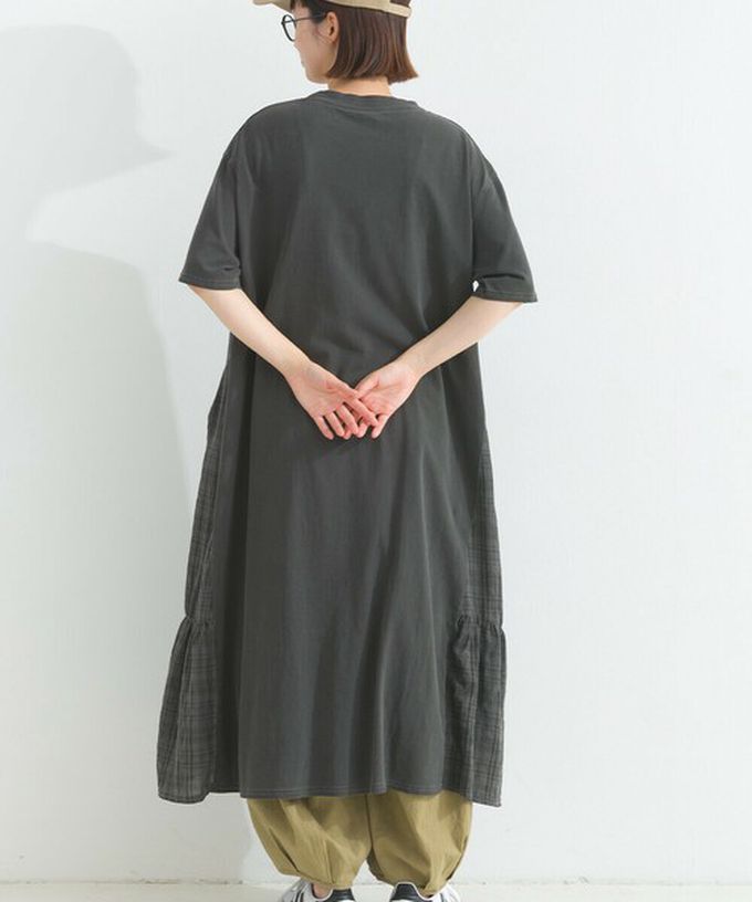 日本 Lupilien - 復古寬鬆格紋拼接短袖洋裝-BETTER-水藍