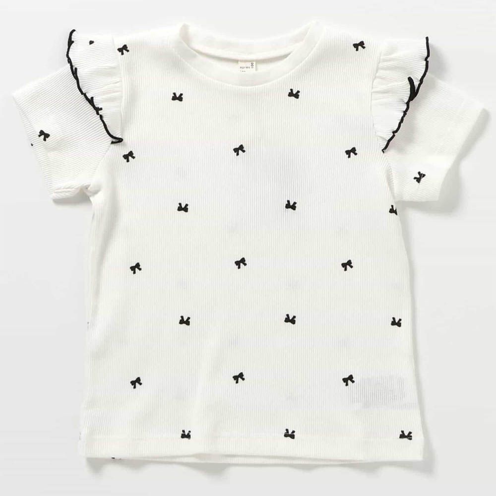 [推薦] 荷葉邊袖羅文短袖上衣-滿版蝴蝶結-白