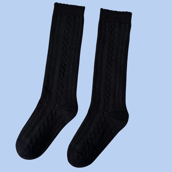 英倫系波浪邊立體織紋膝下長統棉襪
