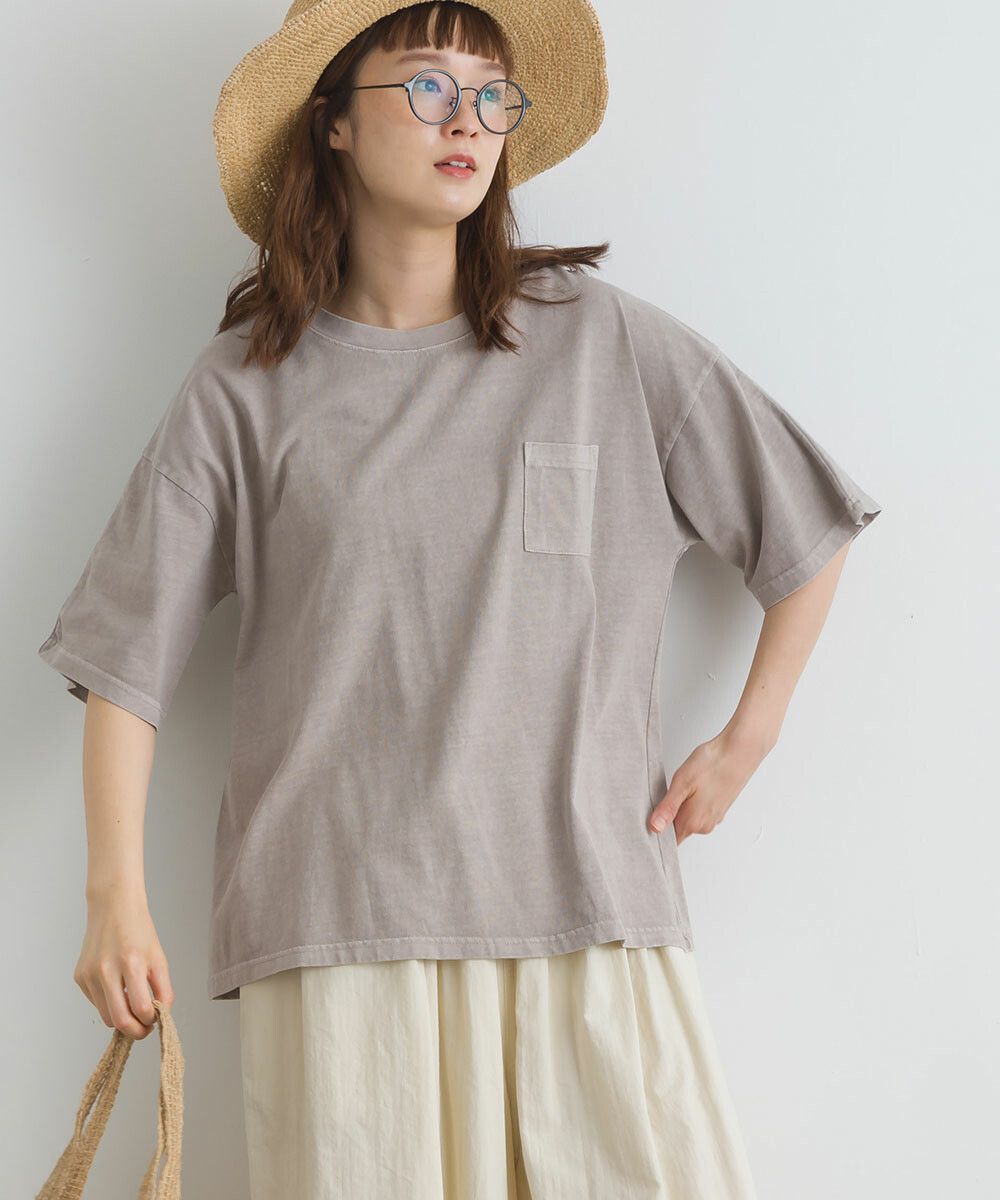 日本女裝代購 - 舒適落肩小口袋五分袖上衣-奶茶棕