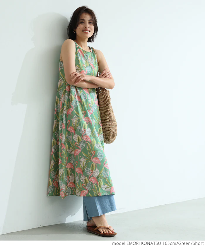 日本 COCA - 熱帶風情印花無袖洋裝-黑