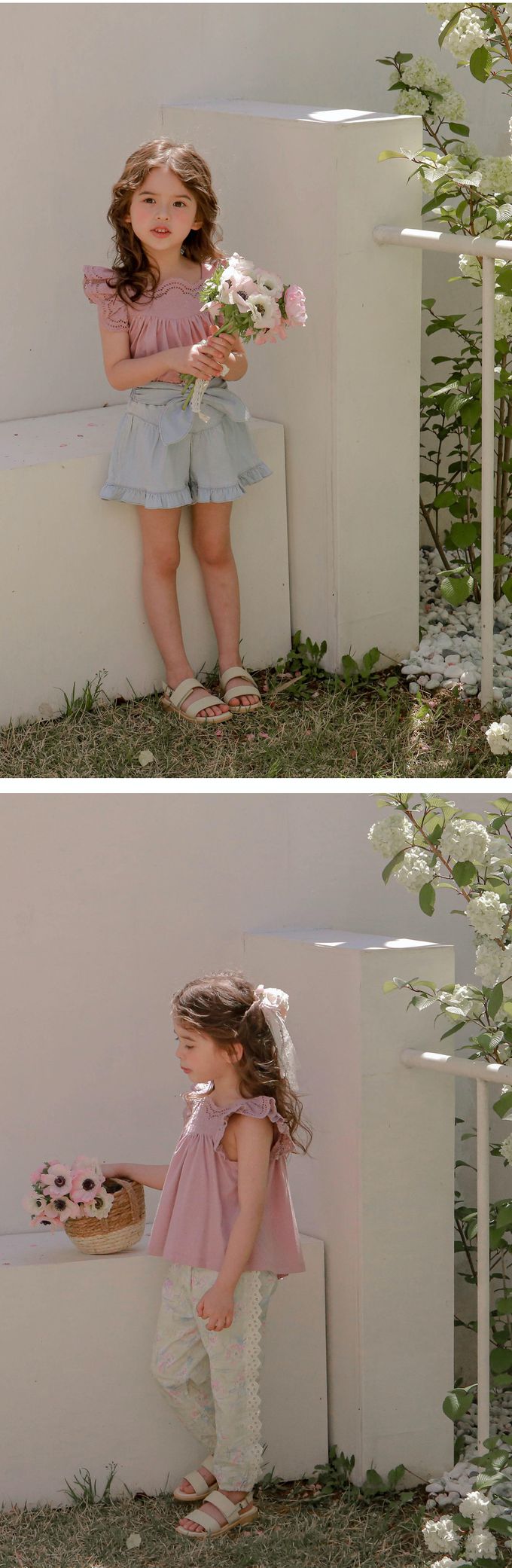 韓國 Puellaflo - 蕾絲鏤空領蝴蝶袖上衣-玫瑰粉