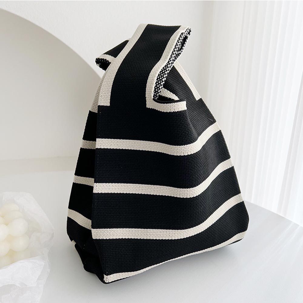 輕便休閒針織手拿包/手提包-黑白條紋-黑+白 (20x35cm)