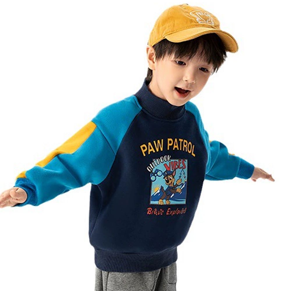 卡通汪汪隊加絨半高領拼接長袖上衣-卡通人物阿奇-深藍+藍