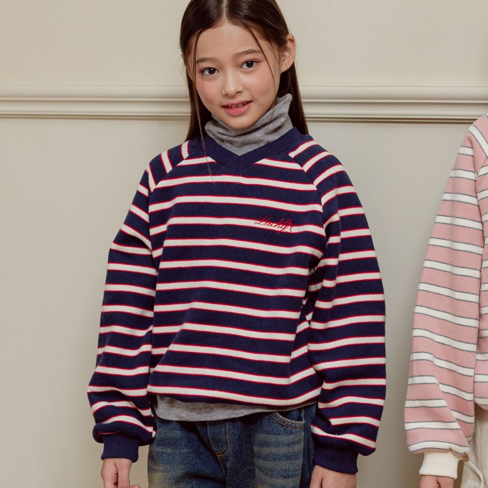 sm2 (內磨毛)長袖大學T-條紋-海軍藍X紅