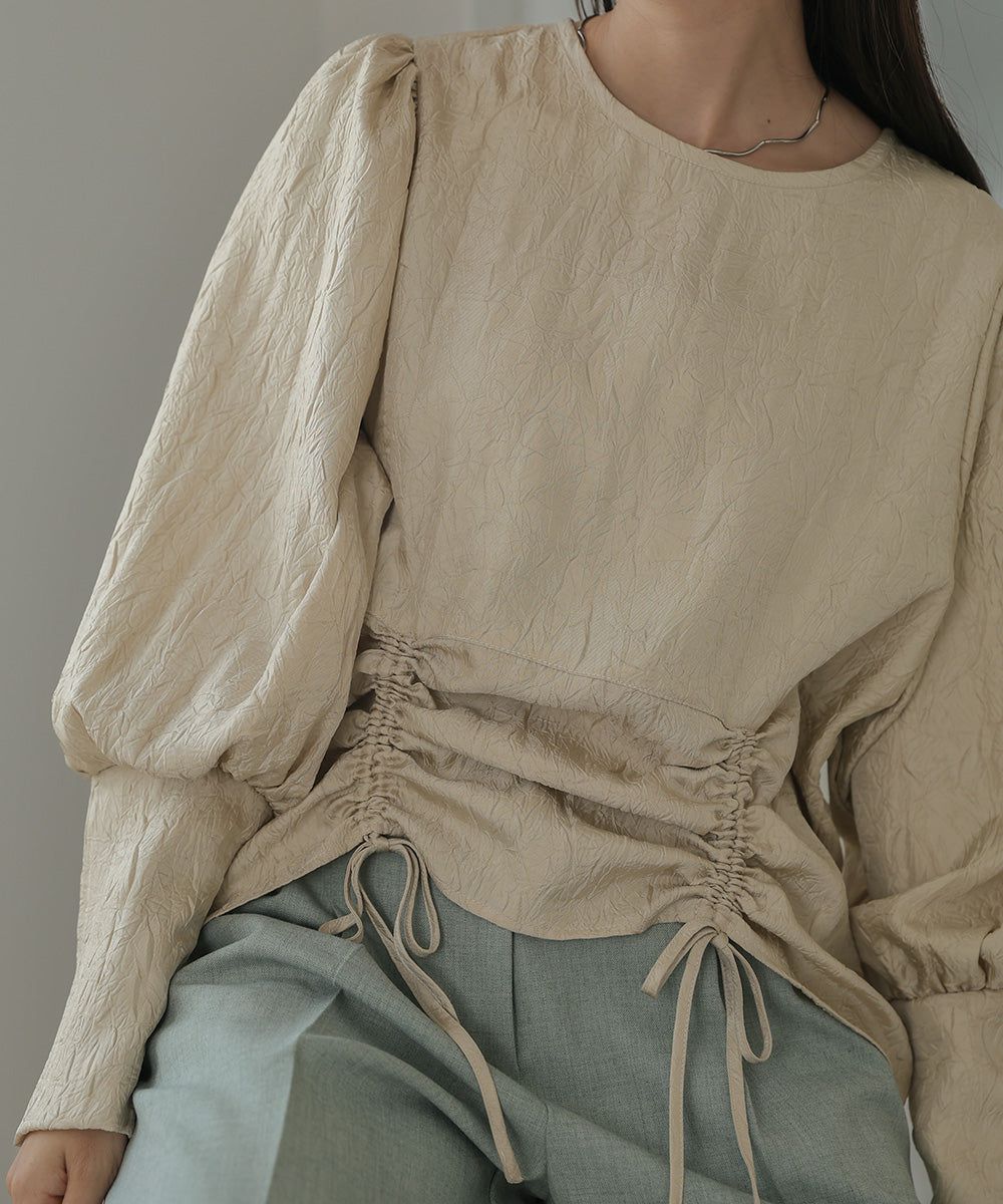 日本 Bab - 光澤感抽繩泡泡袖上衣-香檳