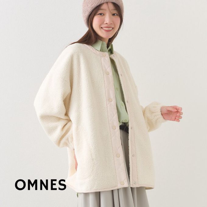日本 OMNES - 溫柔短毛絨鈕扣無領保暖外套-米白