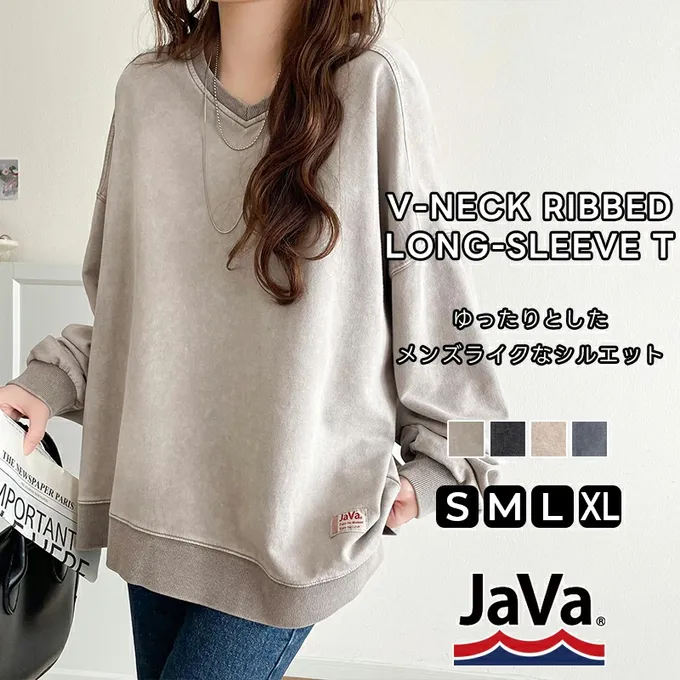 日本 Classical Elf - 俐落洗舊感V領寬版長袖T恤-煙燻藍