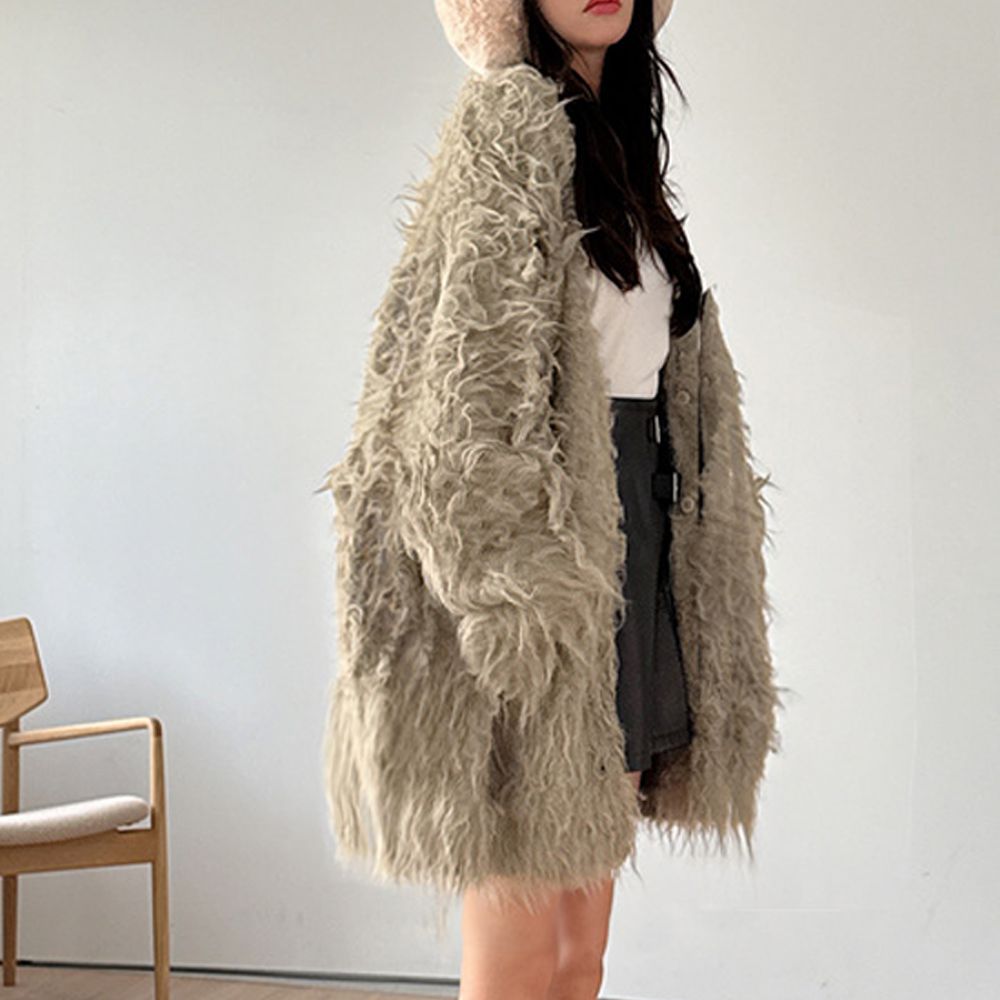 羊毛混紡亮麗V領長版開襟衫-淺墨綠 (F)