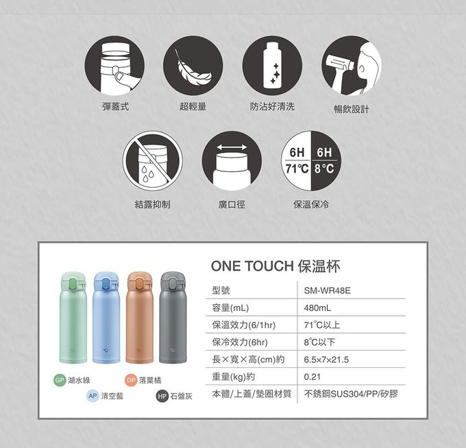 象印 - 【出清】超輕量一體式杯蓋彈蓋式不鏽鋼真空保溫杯-SM-WR48E-清空藍AP-480ml