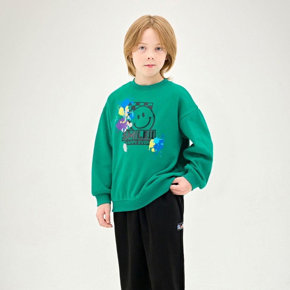 街頭塗鴉笑臉印內刷毛長袖大學T-綠