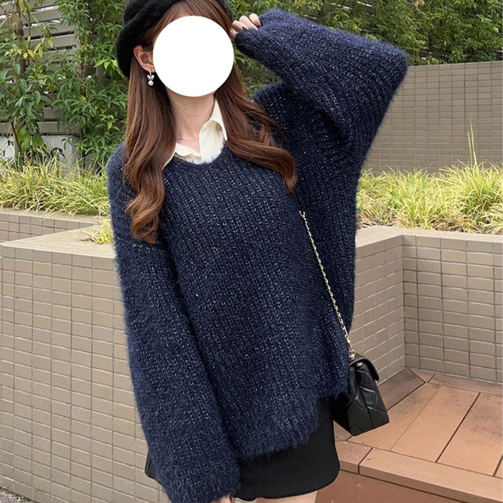 微亮毛絨深V露背針織長袖上衣-海軍藍 (F)