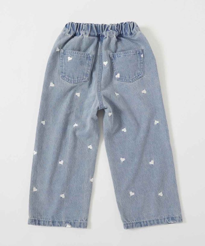 日本 devirock - 甜美亮麗刺繡刷色丹寧寬褲-愛心-黑