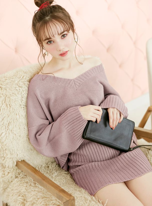 日本 GRL - V領寬鬆針織毛衣X羅紋針織短裙兩件組套裝-粉