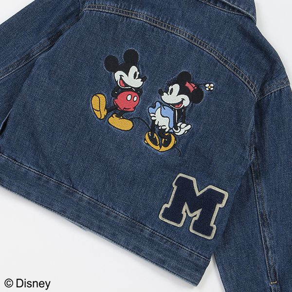 日本 petit main - 聯名款 經典印花廓形牛仔夾克-卡通人物米奇米妮-丹寧藍