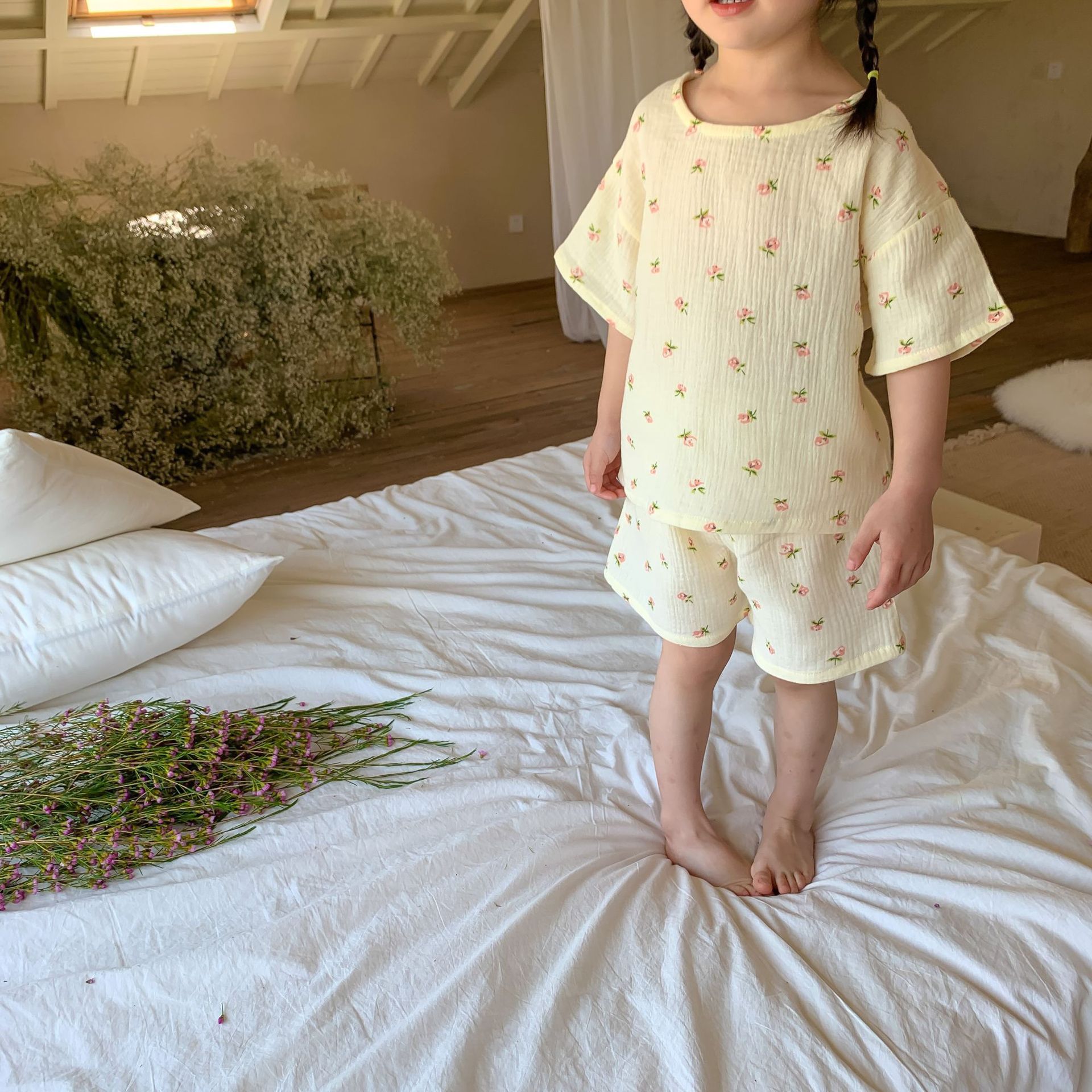 紗布棉短袖家居服套裝-小碎花-奶油色
