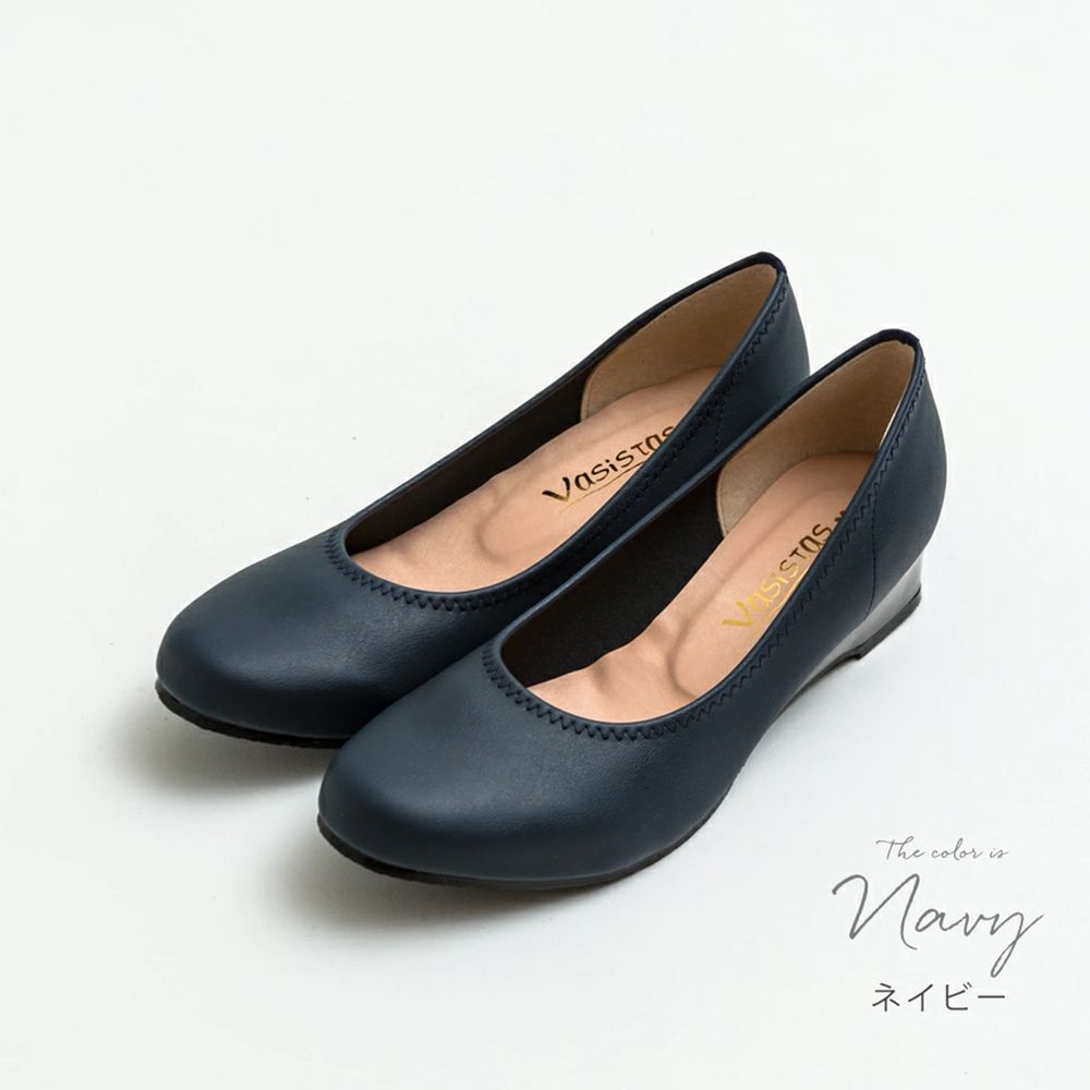 日本女裝代購 - 日本製 仿皮柔軟休閒楔形跟鞋-深藍
