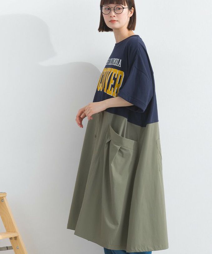 日本 Lupilien - 異素材撞色學院風俐落短袖洋裝-炭灰