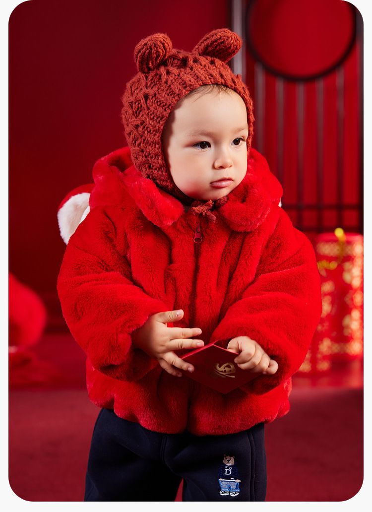喜氣拜年毛絨暖暖造型外套-立體龍角-紅色