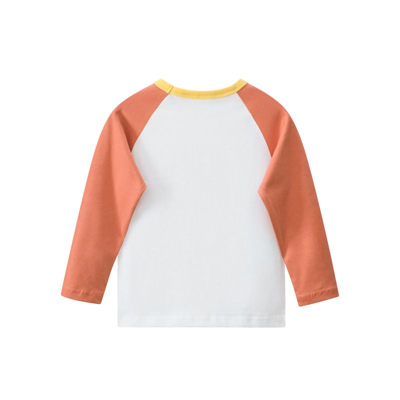 純棉圓領薄長袖上衣-熊熊狗狗好朋友-米白+深橘