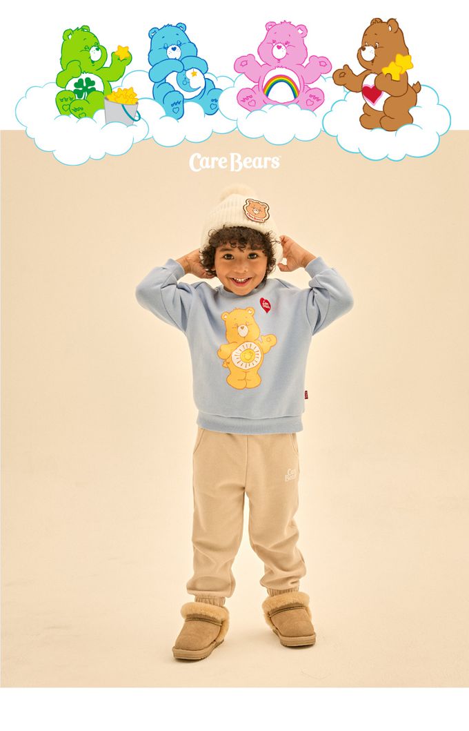 韓國 Care Bears - 聯名款太陽熊熊內磨毛長袖套裝-水藍X米灰