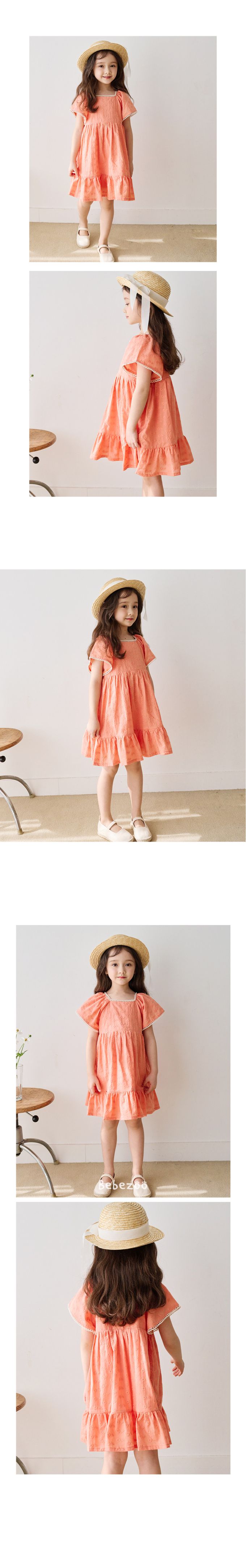 韓國 Bebezoo - 刺繡花點綴方領短袖洋裝-粉橘