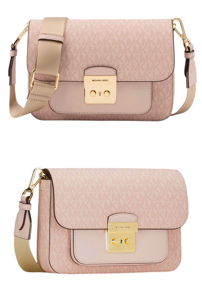 MICHAEL KORS - 滿版LOGO翻蓋皮革斜背包 (粉)