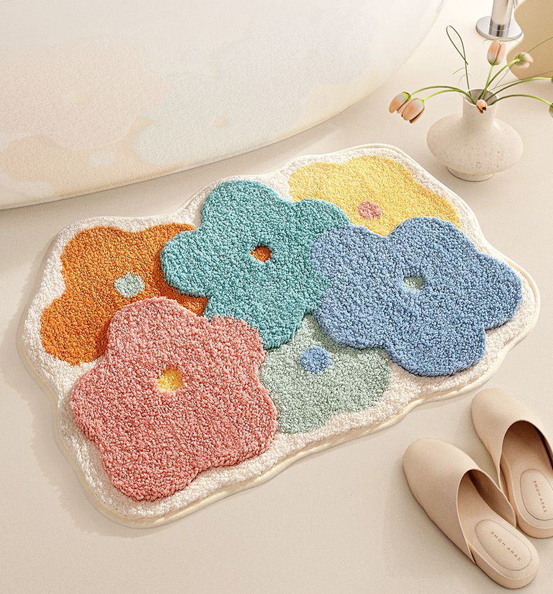 造型快速吸水植絨浴室腳踏墊-繽紛花花-奶白色 (45x70cm)