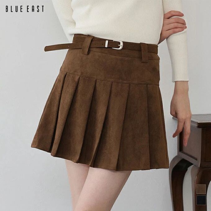 日本 BLUE EAST - 時髦麂皮百褶迷你短裙(附皮帶)-咖啡