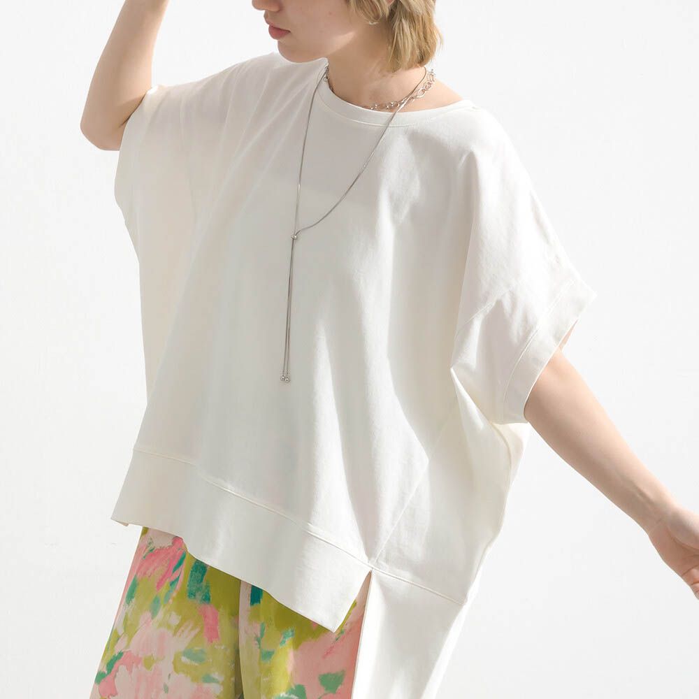 接觸冷感 前短後長落肩素色上衣-白