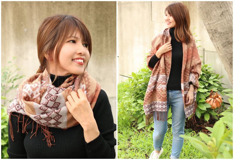 日本 TOMO - 保暖流蘇圍巾-民族圖騰-灰 (70x175cm)