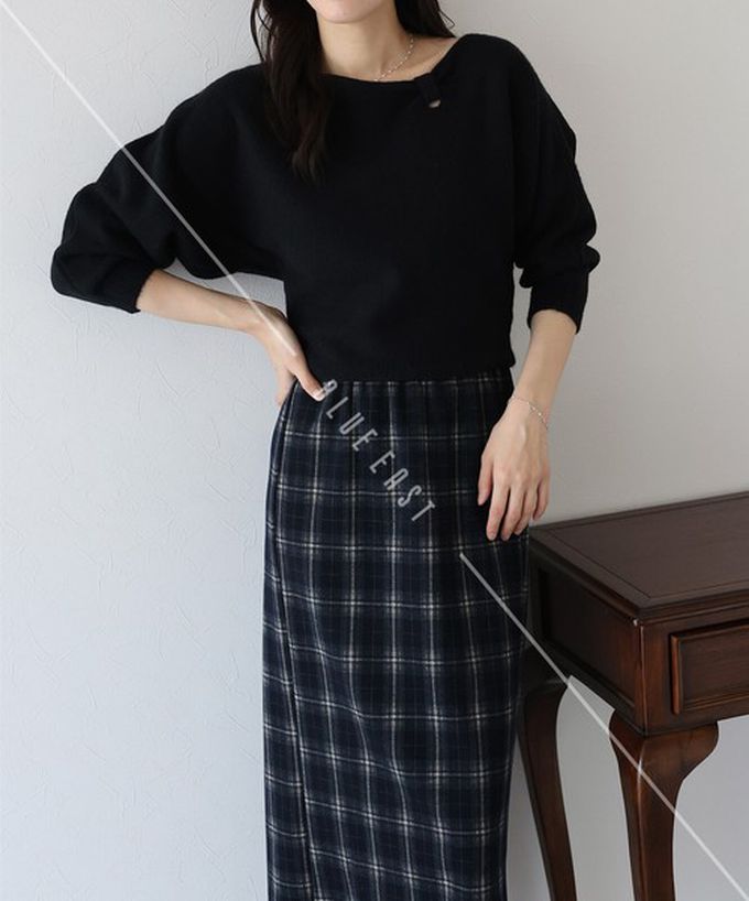 日本 BLUE EAST - 顯瘦曲線領簡潔針織長袖上衣-咖啡 (M)