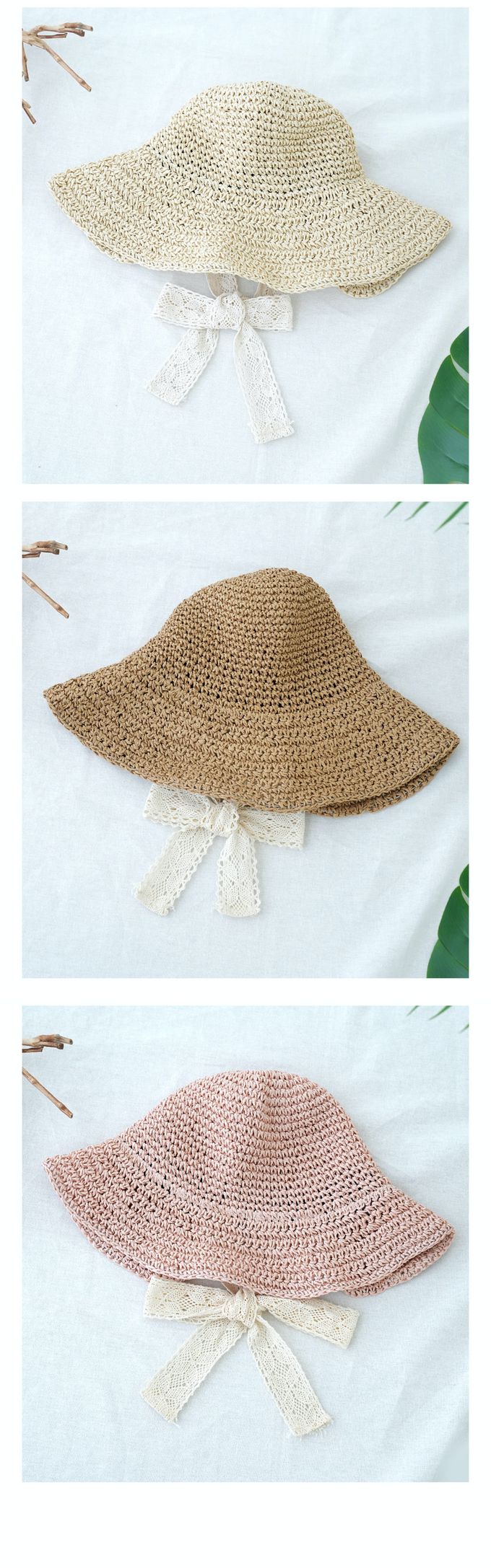 韓國 Soo&Soo - 蕾絲緞帶裝飾編織遮陽帽-奶茶咖