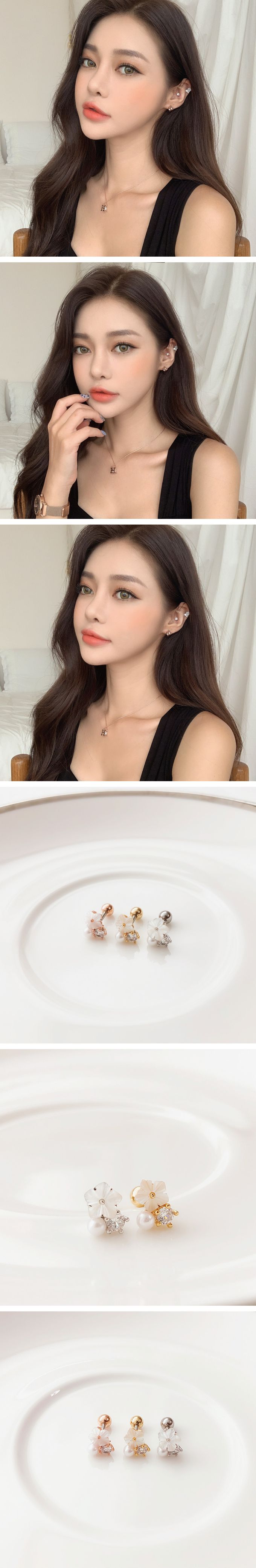 韓國 Soo&Soo - 綻放花型寶石耳釘耳環-轉珠-銀X白-單個