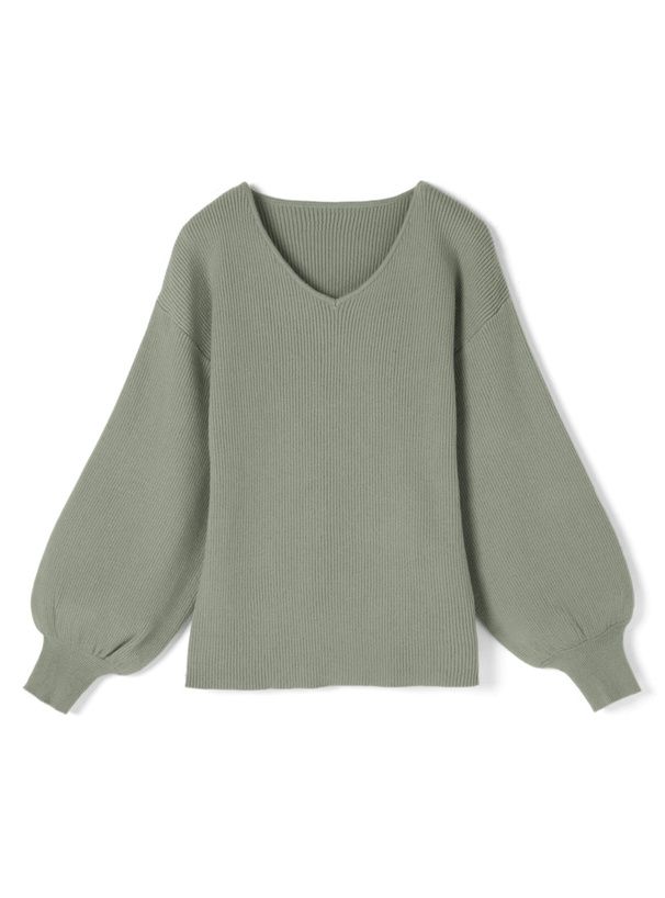 日本 GRL - 修身V領澎袖針織上衣-清新綠 (F)