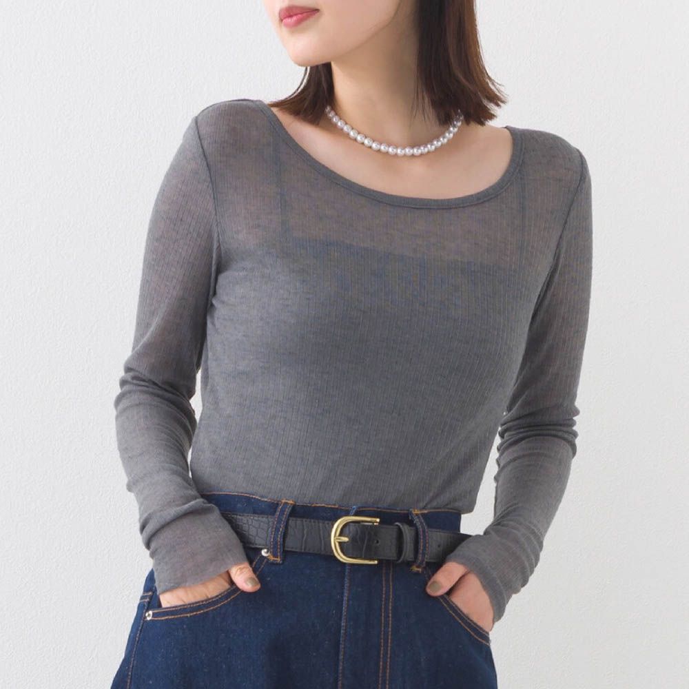大圓領優美透膚合身薄上衣-灰